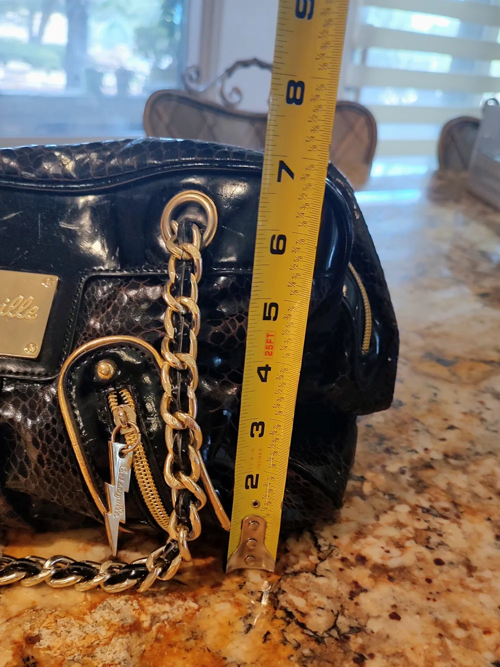 Betsey Johnson Brown and Black Snake-Print Chain Shoulder Bag with Gold Hardware